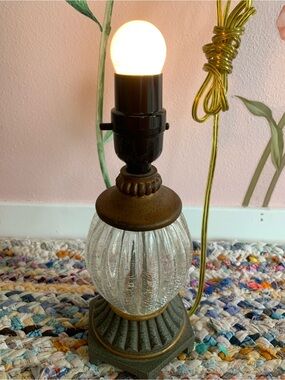 Petite 11”H Vintage Crackle Glass and Metal Table Lamp (no shade)